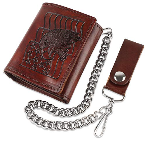 Image of RFID Blocking Men's Tri-fold Vintage Biker Cowhide Leather Steel Chain Wallet,Snap closure, Made In USA,at315-129,flag /eagle,brown