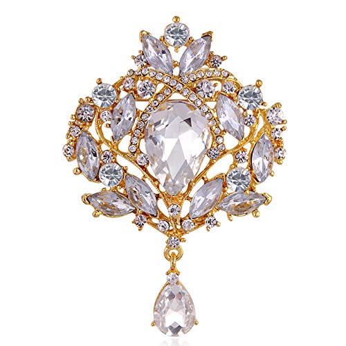 Reizteko Wedding Bridal Big Crystal Rhinestone Bouquet Brooch Pin for Women (Gold-Toned Crystal)
