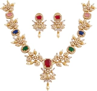 Traditional Gold-Plated Multi-Color Stone Necklace Set with Earrings for Women Price In India