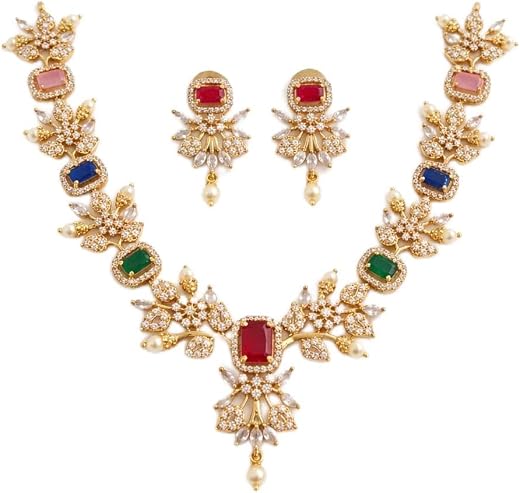 Traditional Gold-Plated Multi-Color Stone Necklace Set with Earrings for Women
