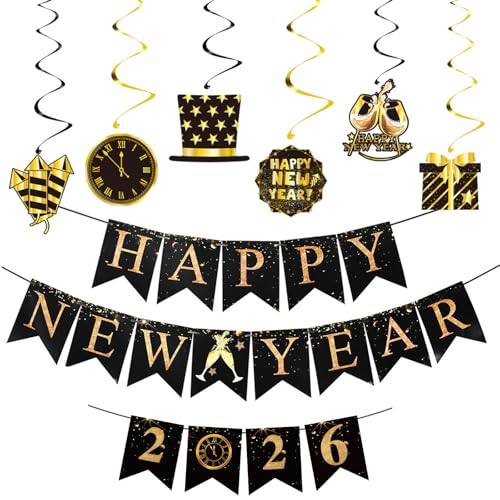 Silvester Deko 2025 Girlande Banner, Happy New Year Girlande Schwarz Gold, Neujahr Deko Hängende Wirbel für Silvester Dekoration, Neujahrsdeko Girlanden,Silvesterdeko,2025 Silvester Party Deko Zubehör Silvester Deko 2025 Girlande Banner, Happy New Year Girlande Schwarz Gold, Neujahr Deko Hängende Wirbel für Silvester Dekoration, Neujahrsdeko Girlanden,Silvesterdeko,2025 Silvester Party Deko Zubehör