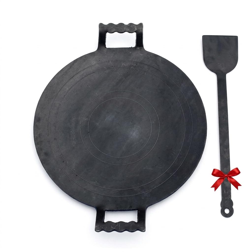 Nakshathra Iron Dosa Tawa with Free Turner - 12 Inch, Heavy Duty Kallu for Crispy Dosas, Paratha & Chapati, Natural, Even Heat Distribution, No Chemical Coating (Black)
