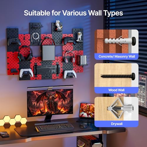 Image of PEGZONE Controller and Headphone Holder Wall Mount, Modular Gaming Pegboard with Accessories, Controller Stand for Xbox PS5 PS4 Switch, Video Game Storage, Disc Shelf, 14pcs Pegboard, Black & Red