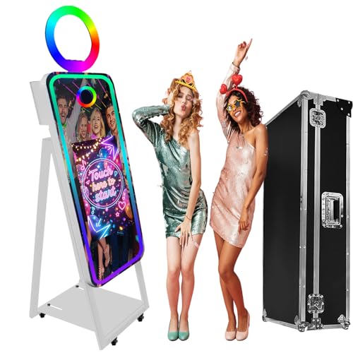 Image of Mirror Photo Booth Selfie Led Frame Portable Touch Screen Magic Mirror Booth Machine for Wedding Party Events (40 inch(Black)+Flight Case) (White)