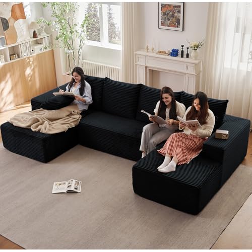 Image of Sectional Cloud Couch for Living Room, Stupendous U Shaped Sofas, Modular Floor Deep-Seat Sofa, Big Comfy Corduroy Couches Set with Fluffy Memory Foam, No Assembly Required, Black