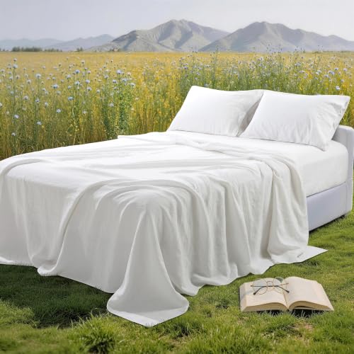 Image of 100% Pure Linen Sheet Set for Hot Sleepers, Breathable Natural Linen Sheets 4pcs, Bedding Set Deep Pocket Up to 16 inch Moisture-Wicking, Softens with Every Wash (White King)