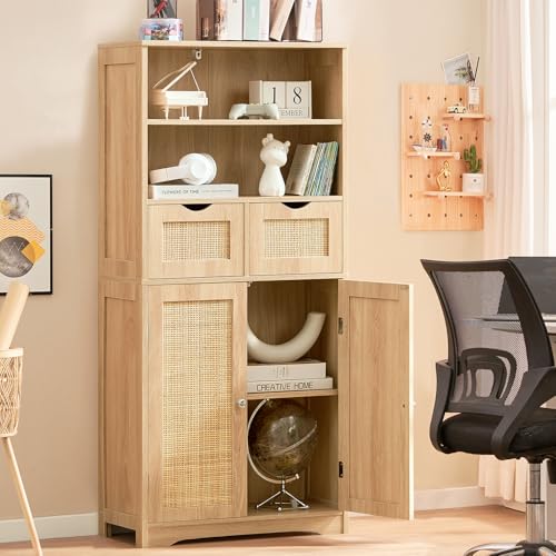 Image of Iwell Tall Storage Cabinet, Rattan Cabinet with 2 Drawers & Adjustable Shelf, Kitchen Pantry Storage Cabient, Entryway Cabinet for Living Room, Dining Room, Home Office, Natural