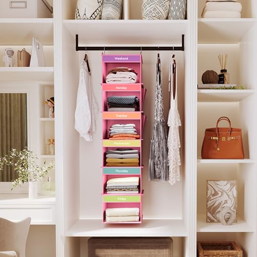 6-Shelf Weekly Hanging Closet Organizer, Weekly Clothes Organizers for Kids with 2 Side Pockets, Pink - Image 3