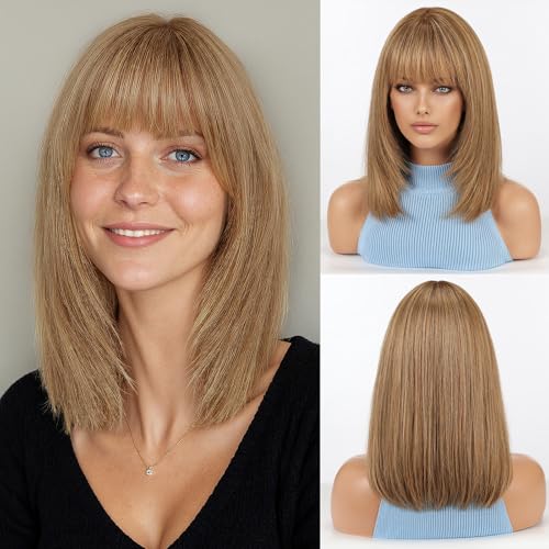 Image of RSY 14 Inch Ombre Brown mixed Blonde Straight and Layered Real Human Hair Wigs for Women with Bangs