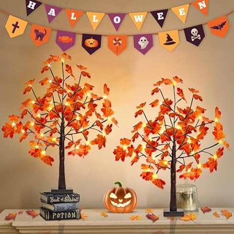 2Pack 2FT 50LED Artificial Lighted Maple Tree,Timer Function Prelit Fall Decor Maple Tree with Warm White Light Lamp Battery Operated and USB for Indoor Outdoor Harvest Halloween Thanksgiving Day Cover