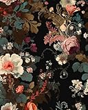 XRUIBZI Black Floral Wallpaper Peel and Stick Vintage Colorful Floral Wallpaper Leaf Contact Paper for Cabinet Waterproof Self Adhesive Wall Paper for Kitchen Countertop Wall 17.5