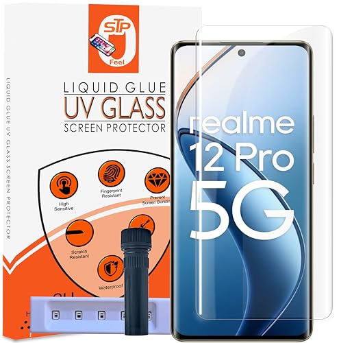 Image of STP FEEL HD+ UV Tempered Glass Screen Protector Guard Compatible For Realme 12 Pro / 12 Pro Plus (6.7 Inch, Pack of 1) Full Adhesive UV Curved Case Friendly HD Clarity with easy installation kit