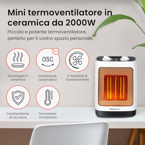 Pro Breeze Termoventilatore Ceramico 2000W - Tecnologia Ceramica a Basso Consumo Energetico - Oscillazione Automatica e 2 Impostazioni di Temperatura. Per camere o bagno – Bianco - Immagine 1