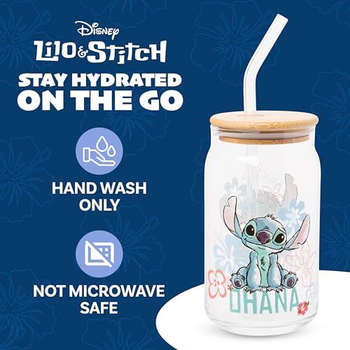 Image of Silver Buffalo Disney Lilo and Stitch Ohana Floral Glass Jar Tumbler with Bamboo Lid and Glass Straw, 16 Ounces