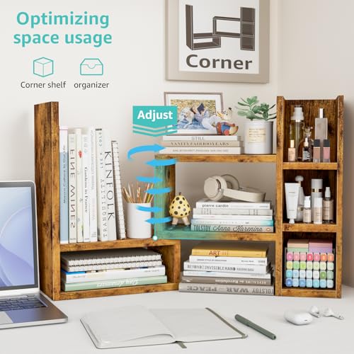 Image of NUTIKAS Desk Shelves Desktop Organizer Shlef - Rustic Office Organization for Top of Desk Organizers and Accessories Corner Bookshelf Table Top Shelving Small Hutch Decorations for Office