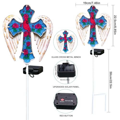 YJFWAL Cardinal Bird&Rose Cross Garden Stake Light, Solar Glass Cross for Cemetery Grave, Easter Cross Angel Wings Sympathy Memorial Gifts, Garden Lawn Yard Patio Decor by YJFWAL - Image 5