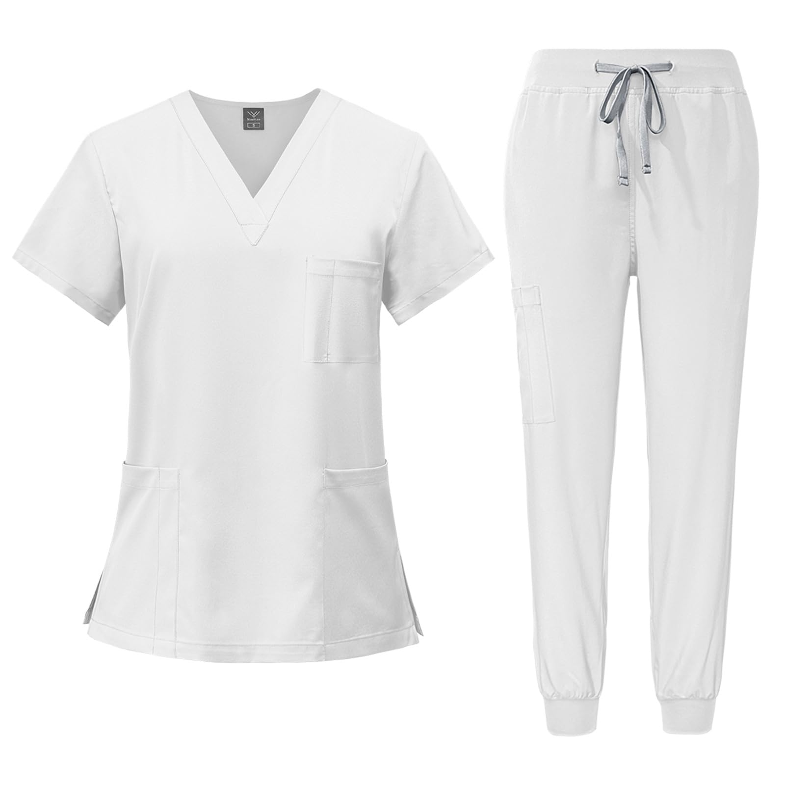 Divisa Sanitaria Donna, Uniforme Sanitaria Set con Casacca e Pantalone Scollo a v Maniche Corte per Infermieri Medici Chirurghi Terapisti Dentisti
