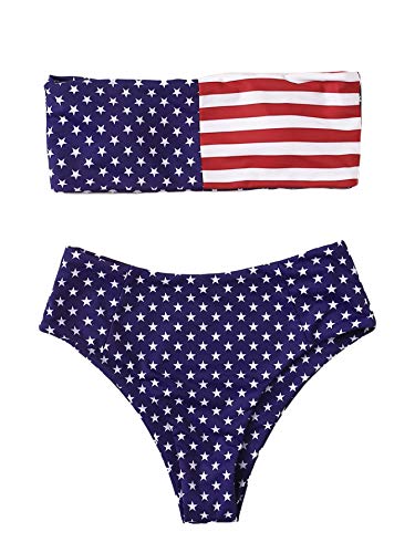 SweatyRocks Women's Sexy Bathing Suits American Flag Print Bandeau Bikini Swimwear American Flag L
