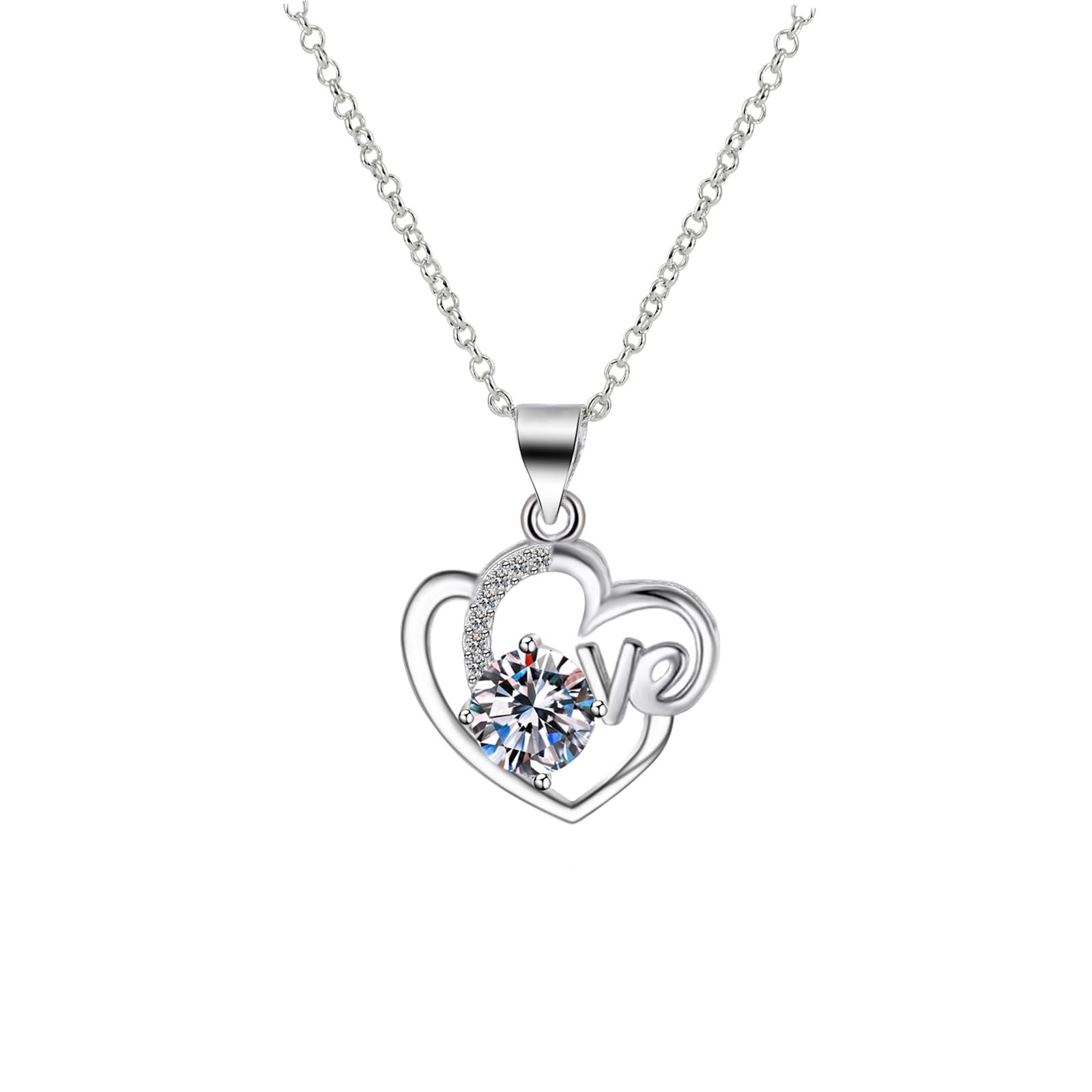 Collana Donna Matrimonio Oro Bianco 9k/14k/18k, Ciondolo per Collana Cuore d'Amore con Diamante Sintetico, Catena Regolabile 40+5 cm