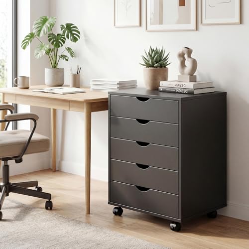 Image of Mobile File Cabinet Under Desk, 5 Drawer Storage Organization with Wheels, Vertical Filing Chest Rolling Wood Small Desk Printer Stand for Home Office, 15.75 inch D x 18.74 inch W x 25.39 inch H