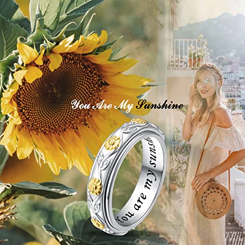 Ladytree Anxiety Spinner Ring - Sunflower 'You Are My Sunshine' Fidget Ring - Sterling Silver ADHD Stress Relieving Engagement Wedding Promise Band2