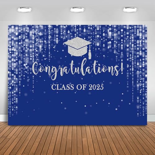 Mocsicka Class of 2025 Backdrop Blue Silver Glitter Bokeh Graduation Party Background 2025 Congrats Grad Prom Party Cake Table Decoration Photo Booth Props (8x6ft)