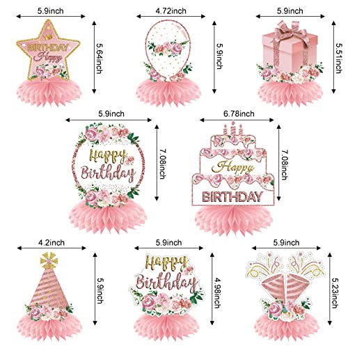 Pink Rose Gold Birthday Decorations Floral Honeycomb Centerpieces For Women Girls, 8Pcs Floral Birthday Table Centerpieces Party Supplies, 16Th 18Th 21Th 30Th 40Th 50Th 60Th Bday Table Topper Sign Decor #TOP1