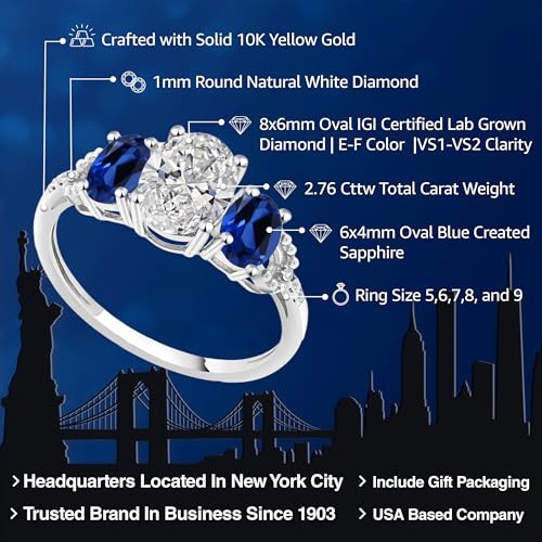 10K White Gold White IGI Certified Lab Grown Diamond and Blue Created Sapphire 3-Stone Engagement Ring For Women | 2.76 Cttw | Center 1.5 Ct Diamond | E-F Color VS1-VS2 Clarity | Available in Size 52