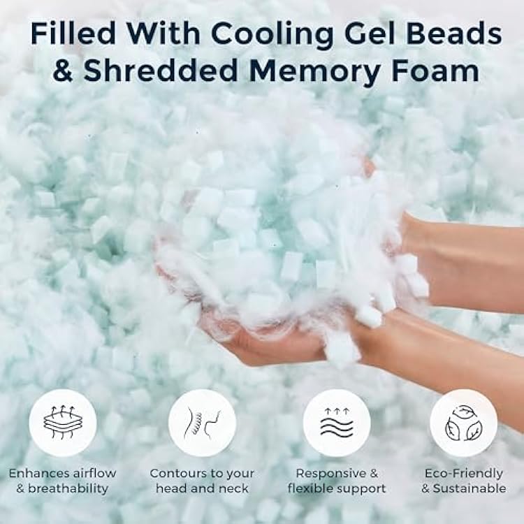 Cooling Pillow with Shredded Memory Foam for Sleeping, 20x30 Adjustable Bed Pillow with Cool & Bamboo-Derived Rayon Side, Firm Pillow with Cooling Gel for Hot, Back, Stomach or Side Sleeper (Queen)