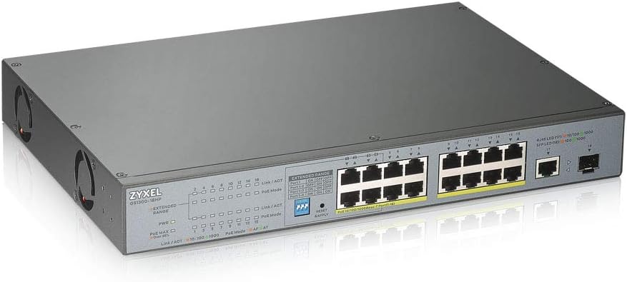 Zyxel 16-port Gigabit Unmanaged PoE+ Switch with 170 Watt Budget and 1 Gigabit Copper Port + 1 SFP, Long Range PoE Switch [GS1300-18HP]