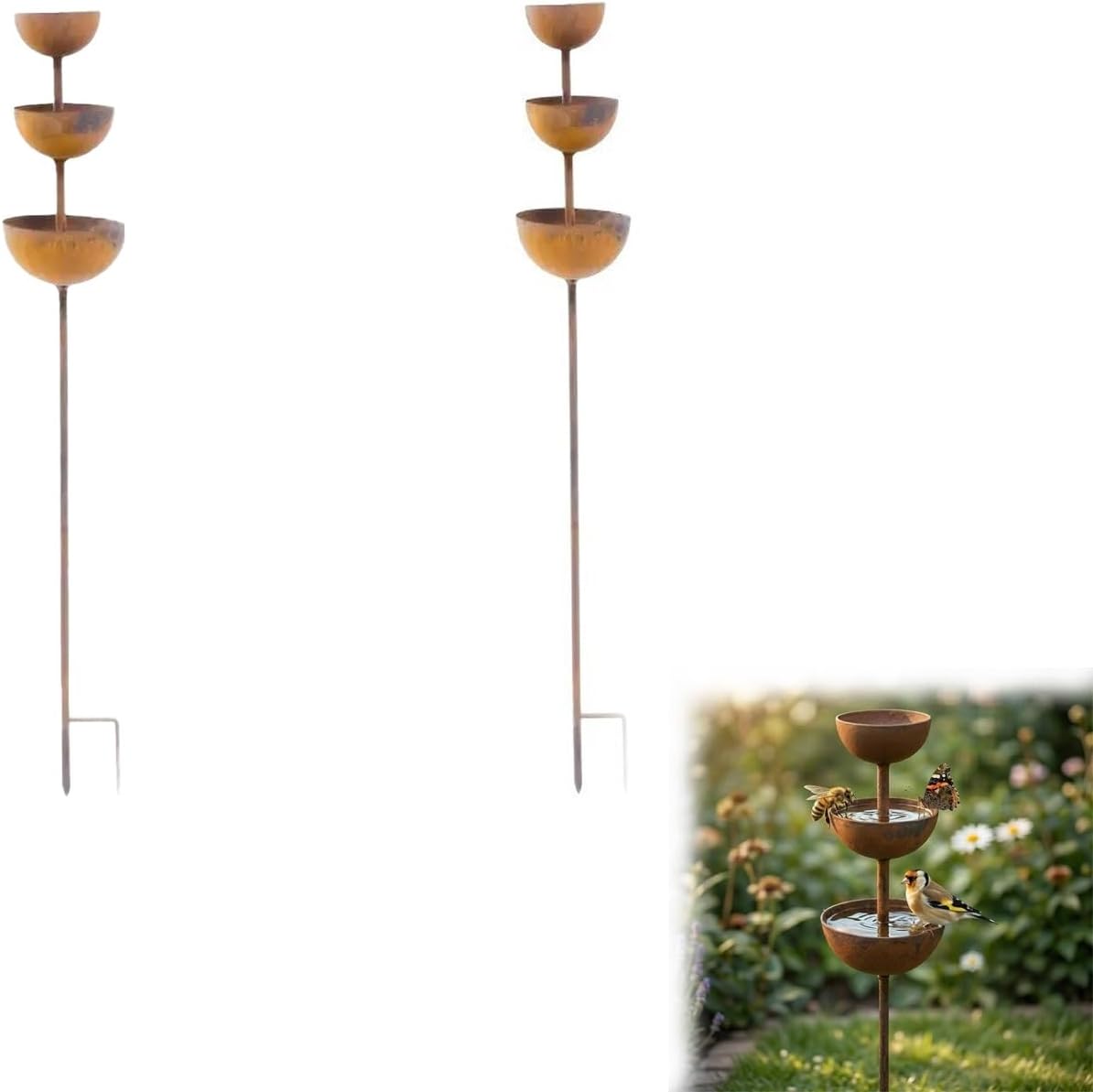3-Tiered Rain Catcher Garden Stake, Rustic Bronze Iron Bird Bath and Bee Watering Station for Outdoor Patio Yard Decor, 26.8 Inch(2)