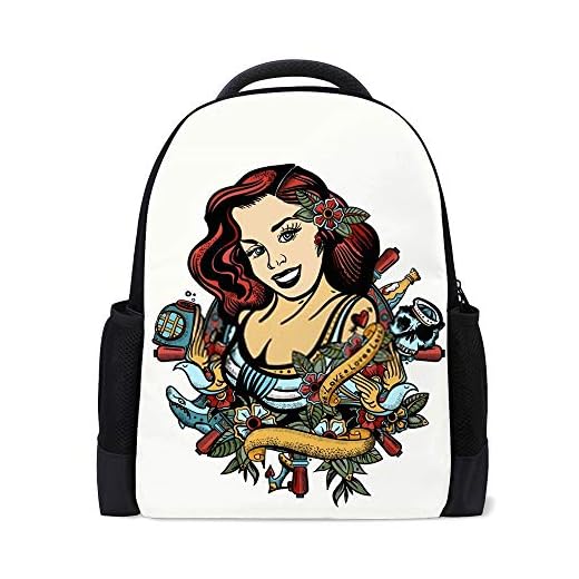 CHEHONG - Mochila para chica marinera, estilo pin-up con tatuajes coloridos, para viaje, portátil, mochila escolar, de poliéster, con múltiples bolsillos, ligera, para adolescentes