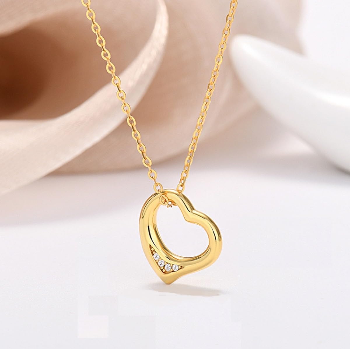 Sterling Silver Hollow Out Simple Heart necklace Heart with Little Diamond Pendant for Women Gift for Mom