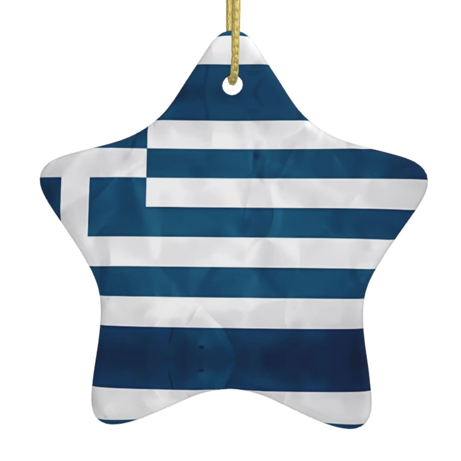 Greek Flag Christmas Ceramic Star Pendant with Punched Holes and Gold Wire Rope, Christmas Tree Home Decoration