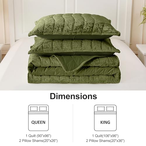 DOWNCOOL Velvet Quilt Set Queen Size, 3 Pieces Soft Lightweight Quilted Velvet Bedspread Coverlet Bedding with 2 Pillow Shams for All Season, Olive Green — view 6