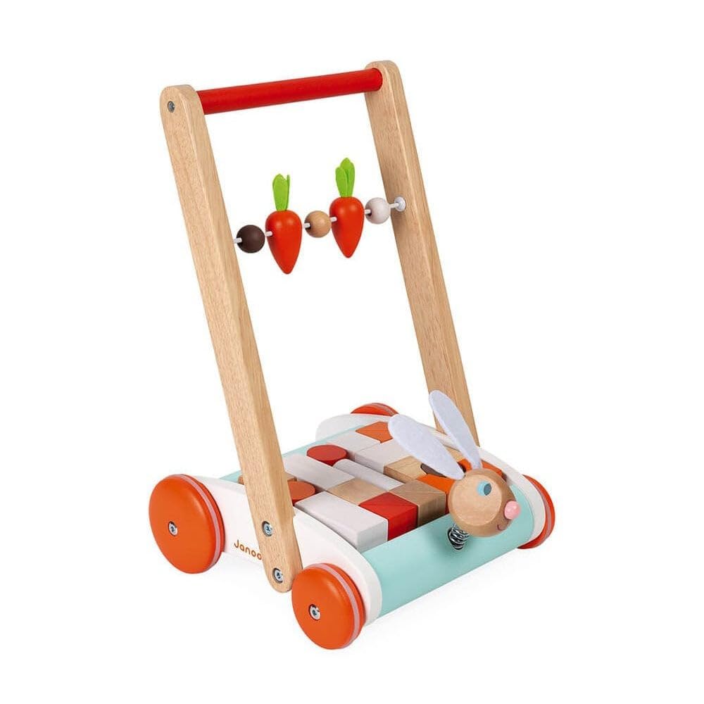 Janod - Carrello Janod Coniglio - Carrello Primi Passi in Legno a Spinta - Testa di Coniglio Su Molla, Carote Su Pallottoliere - con 19 Cubi di Legno - Giocattolo per Bambini da 1 Anno, J8251
