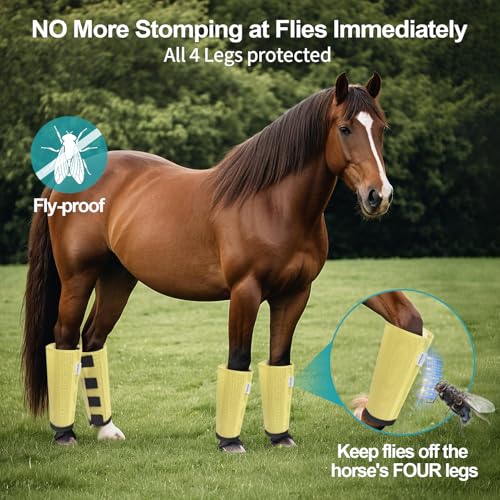 Image of Mesh Horse Fly Boots Set of 4, Loose Fitting Leggings for Horses, Reduce Stressful Stomping, Breathable Adjustable and Universal Fit for 4 Legs, Reliable Stay Put (Pale Yellow)