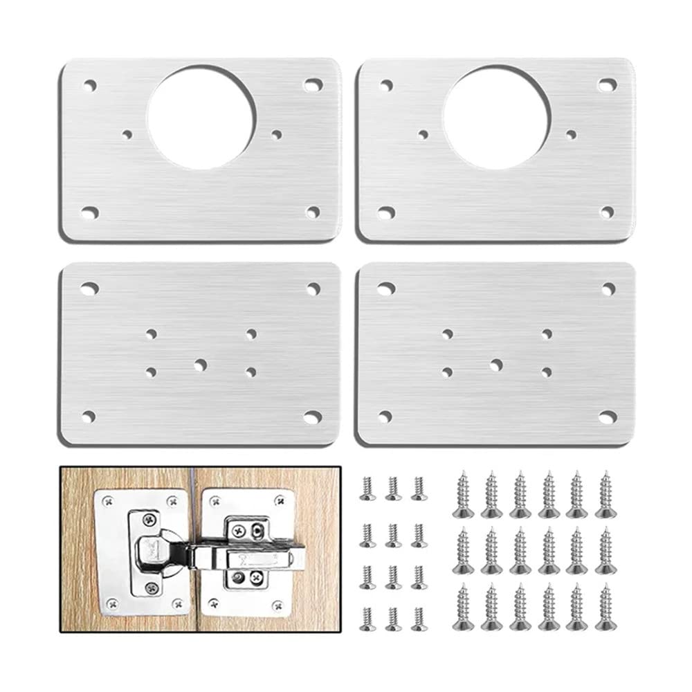 4 Pcs Hinges Repair Brackets Stainless Steel Hinges Repair Plate with Screws Kitchen Cabinet Cupboard Door Hinge Repair Brackets