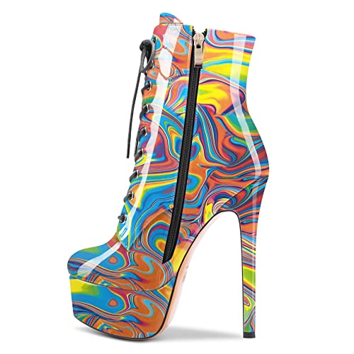 Image of Aachcol Women Ankle Boots Short Bootie Platform Stiletto High Heel Round Toe Dress Shoes Lace-up Patent 6.5 Inch