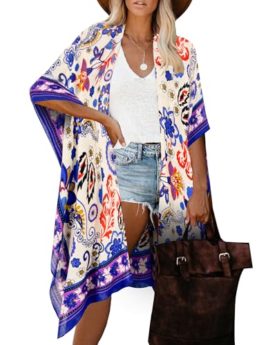Image of Breezy Lane Women's Kimono Cardigan Summer Swimsuit Coverups Beach Cover Up with Floral Print for Vacation