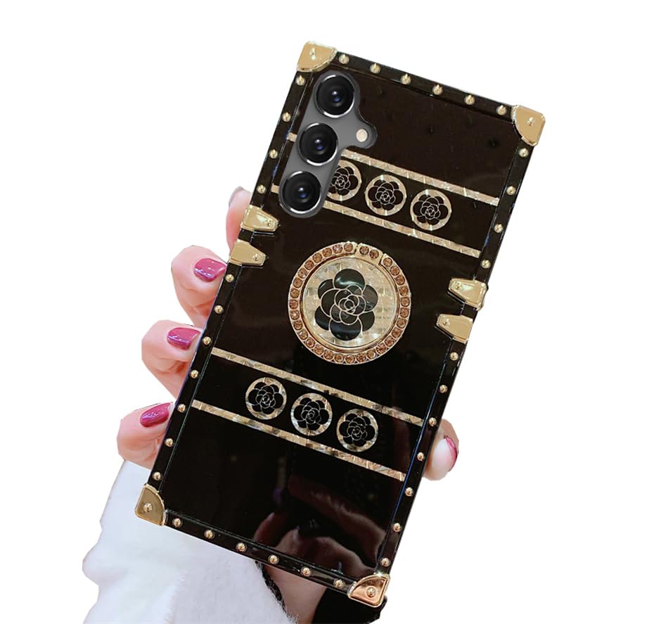 Image of for Samsung Galaxy A34 5G Trunk Case Luxury Box for Women Girls Design Gold Glitter Bling Cute Flower Pattern Soft Cover with Finger Ring Grip Kickstand Fancy Phone Skin,Black