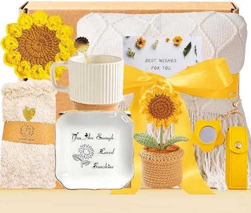Sunflower Gift Basket for Women Birthday Gifts Sunshine Box Get Well Self Care Gift Christmas Blanket for Mom Her Wife, Girlfriend, Sister, Daughter, Best Friend, Teacher