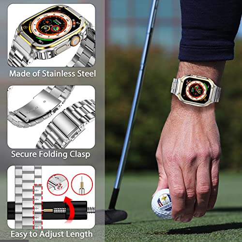 Image of MioHHR Stainless Steel Band and Case Compatible with Apple Watch Band 49mm | Men Metal Protective Bumper Cover with Straps for iWatch 49mm Series Ultra 3, Ultra 2, Ultra, Silver /Gold