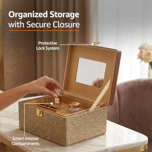 Image of Amazon Basics Bridal Vanity Box - Large Capacity Cosmetic Organizer for Women, Faux Leather & MDF Beauty Case for Makeup, Brushes, and Skincare - Stylish Travel & Home Storage, Golden