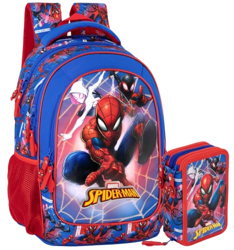 Schulrucksack Set Jungen Grundschule 6-10 Jahre für Spiderman Fan Design Ergonomischer Rucksack (33x43x20 cm) & 3-Fach Federmäppchen Gefüllt (46 Teile)