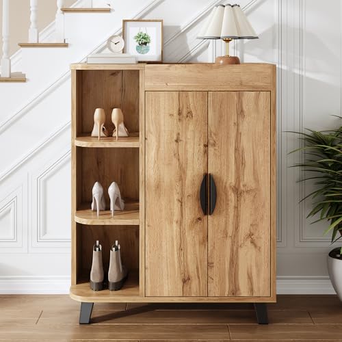 BENMWS Zapatero estrecho de doble puerta, zapatero con compartimentos abiertos, 80 x 32 x 99 cm, imitación de madera, armario multiusos para pasillo, con estante superior, color natural