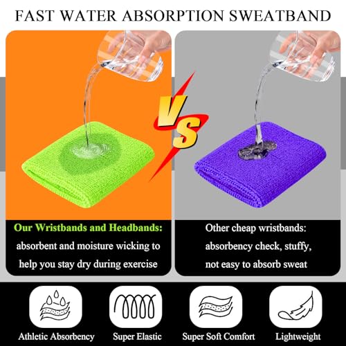 Image of 48PCS Neon Sweatbands, Colorful Sport Headband Wristband Set for Kids, Breathable Terry Cloth Athletic Sweat Bands for Basketball Tennis Running Football, Multicolor