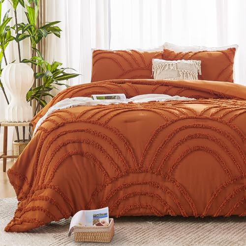 Image of ENJOHOS Burnt Orange Twin Comforter Set, 2 Pieces Boho Style Comforter, with Tufted Rainbow Pattern, Lightweight Fluffy Microfiber Comforter for All Season, with 1 Pillowcase