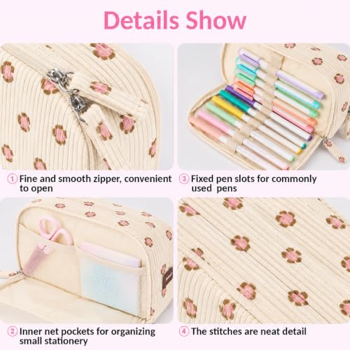 Image of Sooez Big Capacity Pencil Case Pen Pouch, Soft Corduroy Pencil Bag with 3 Compartment, Multiple Pockets, Sturdy Zipper, Cute School Supplies Pen Bag Organizer For Teen Girls-Pink Leopard Print