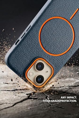 Image of amazon basics Luxury MagSafe Compatible Leather Texture Back Cover for iPhone 13 | Raised Camera Protection | Slim Fit Shockproof Case with Metallic Accents (Dark Blue)